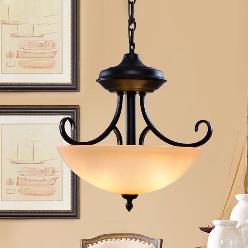 Black Domed Chandelier Lighting Traditional Tan Glass 3-Head Corridor Hanging Pendant Lamp