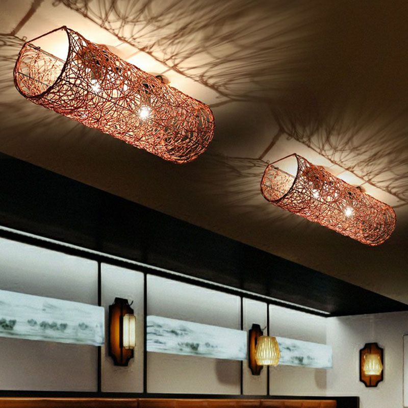 Cylindrique Flush Mount Lighting Simplicité Rattan Restaurant Flush Mount Ceiling Light