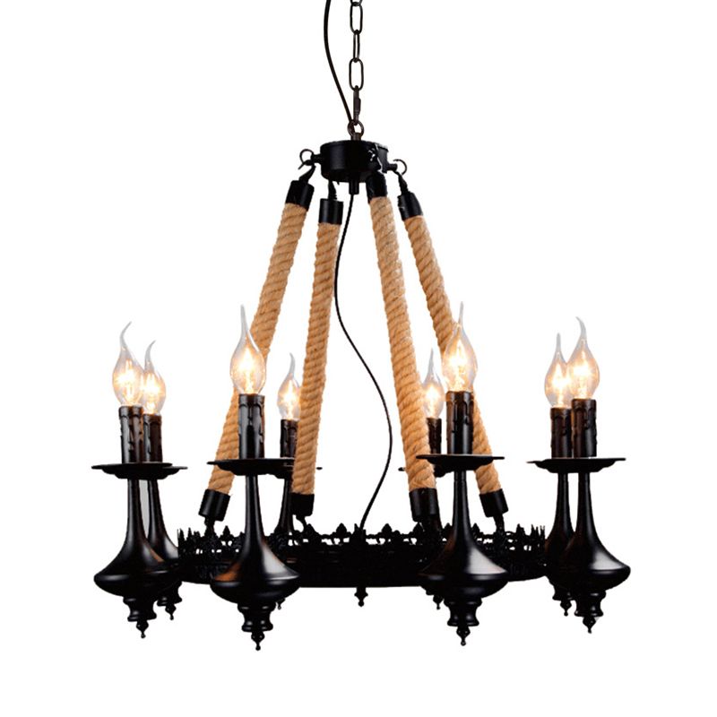 Iron Candle Chandelier Light Fixture Warehouse 6/8 Heads Dining Room Hanging Ceiling Light in Black with Rope Cord