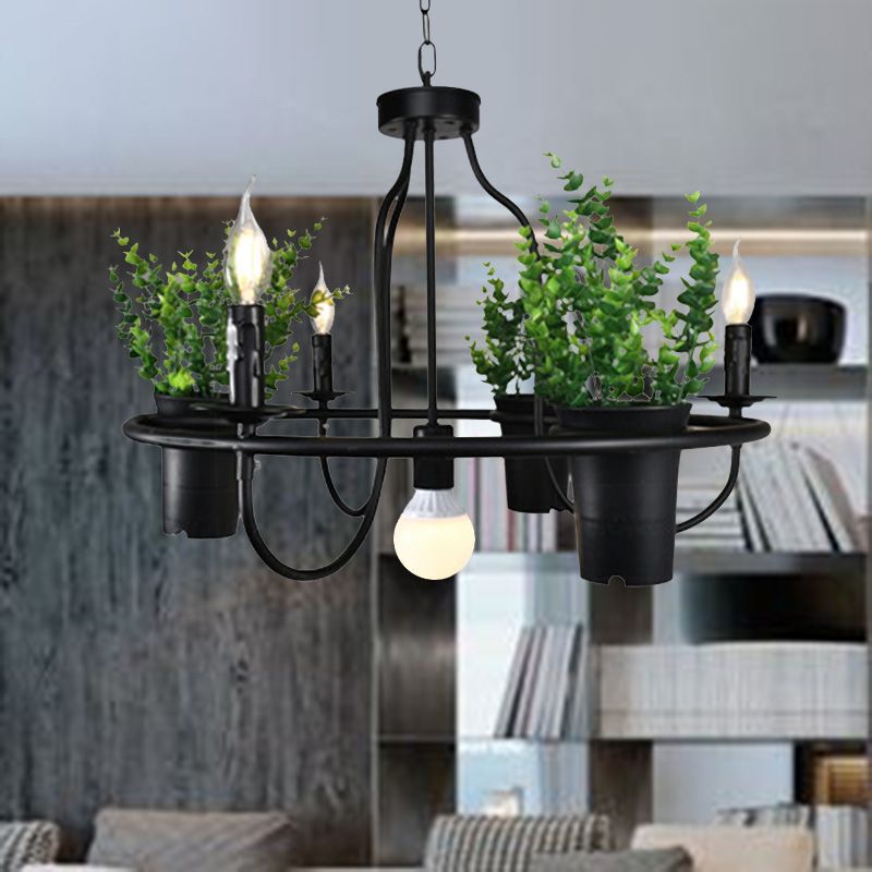 Candle Metal Chandelier Light Industrial 4/7 Bulbs Restaurant LED Hanging Lamp in Black with Plant