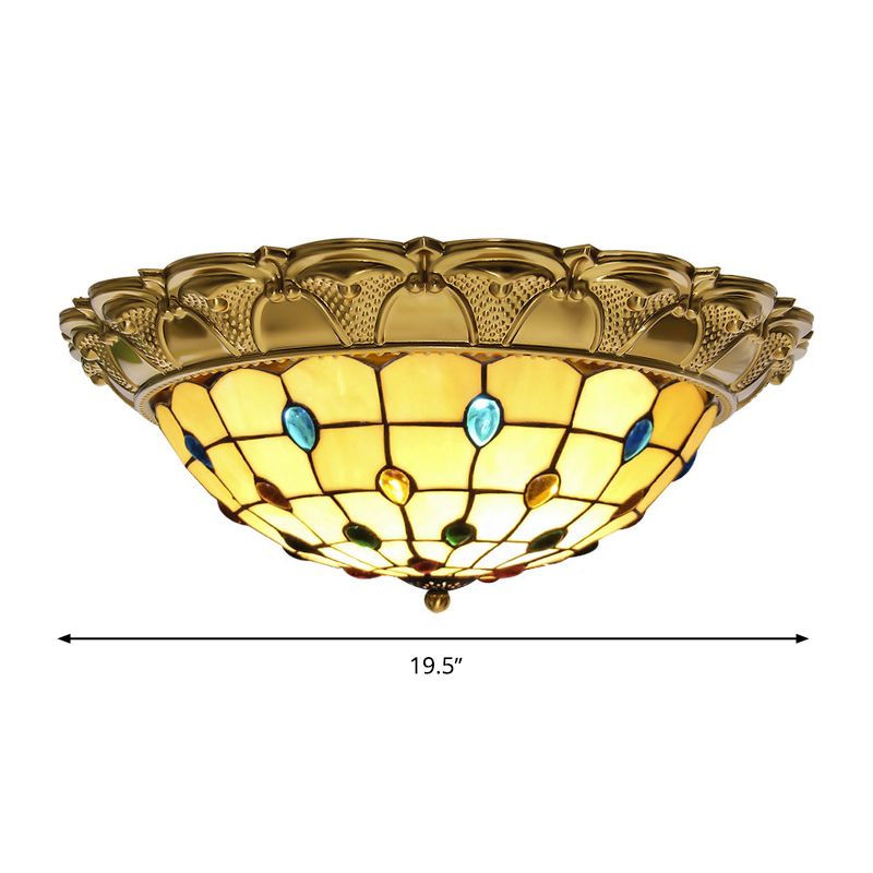 Lattice Bowl Flushmount LED Stained Glass Tiffany Style Beaded Patterned Ceiling Fixture in Brass, 15"/16"/19.5" Wide