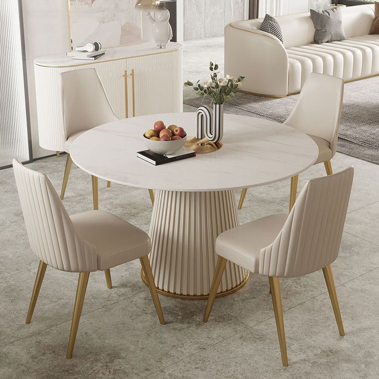 Stone Top Dining Table Round Table with Wood Pedestal Base in White