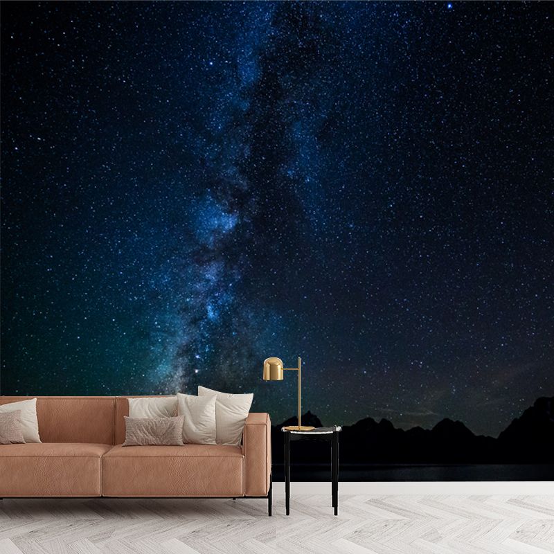 Black-Blue Stars View Mural Stain Resistant Modernist Bedroom Wall Decoration, Non-Woven