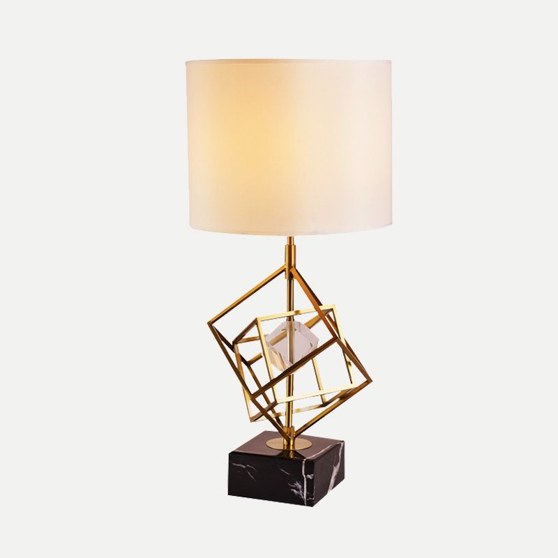 Eigentijdse studielamp met 1 kop, gouden cilinder leesboeklamp met stoffen kap