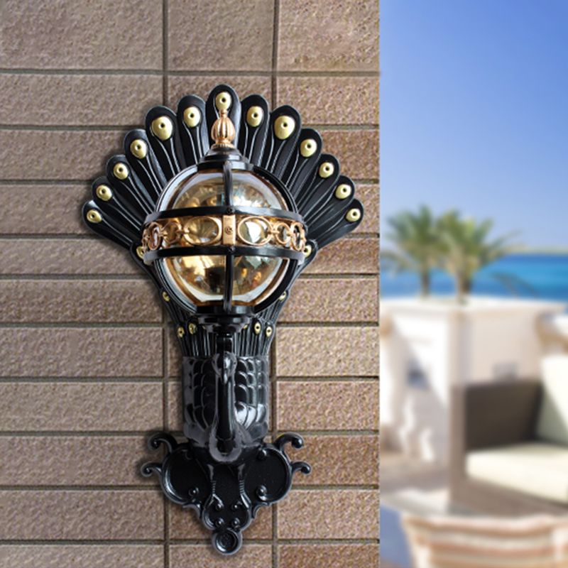 Amber Glass Ball Wall Lighting 1 Bulb Courtyard Wall Mounted Light in Black with Peacock Tail Backplate