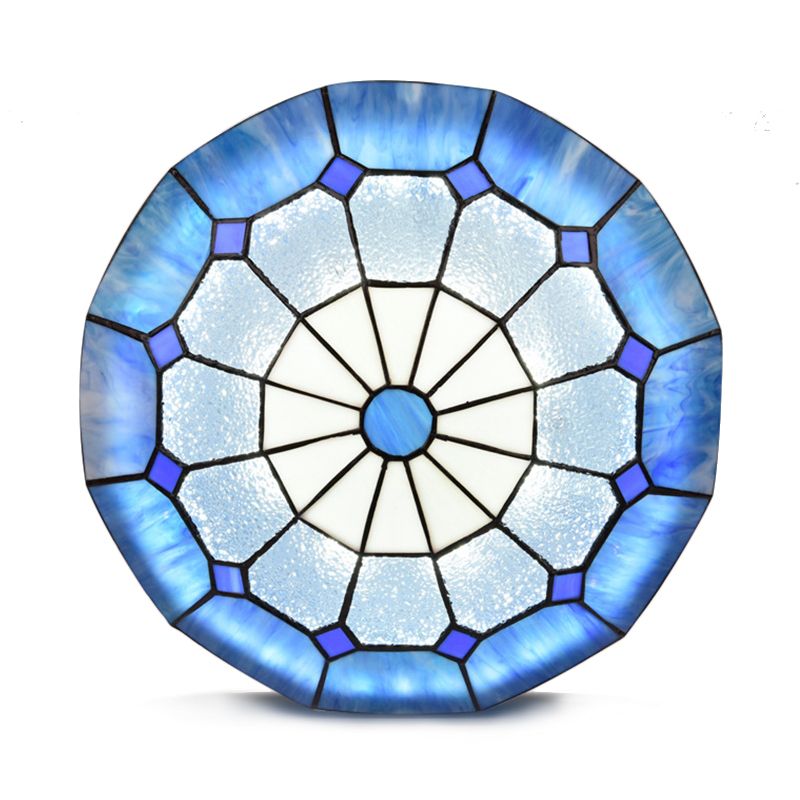 12"/16"/19.5" W Tiffany Blue/Light Blue Flush Ceiling Light with Bowl Shade Stained Glass Flushmount for Living Room