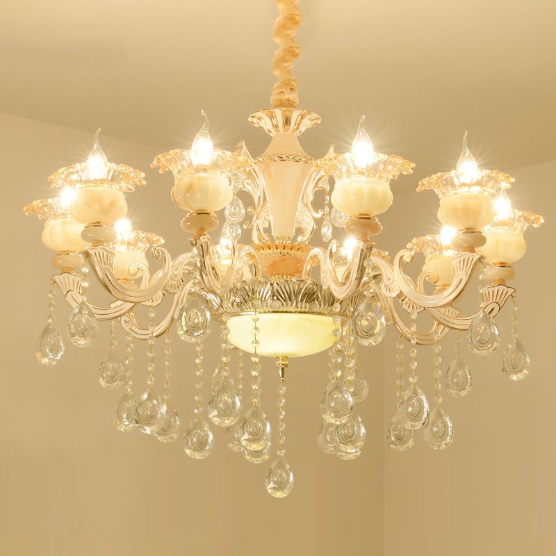 Gold Floral Ruffle Ceiling Lighting Traditional Jade Living Room Chandelier Light with Crystal Draping
