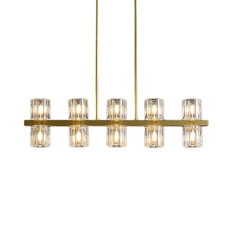 Cylindrical Crystal Island Pendant Postmodern 10/20 Lights Dining Table Hanging Light Fixture in Gold