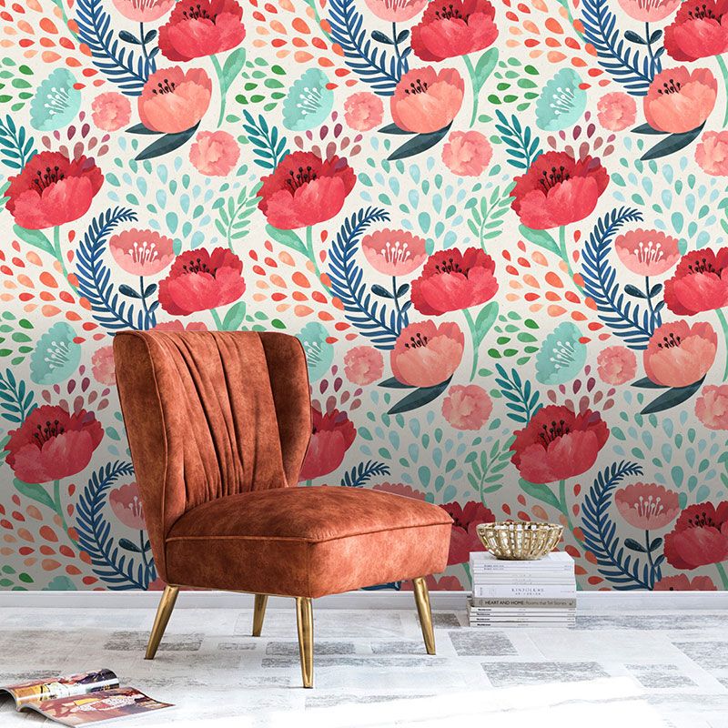 Watercolors of Flower Wallpaper Roll for Accent Wall in Green and Red, Easy to Remove, 29.1 sq ft.
