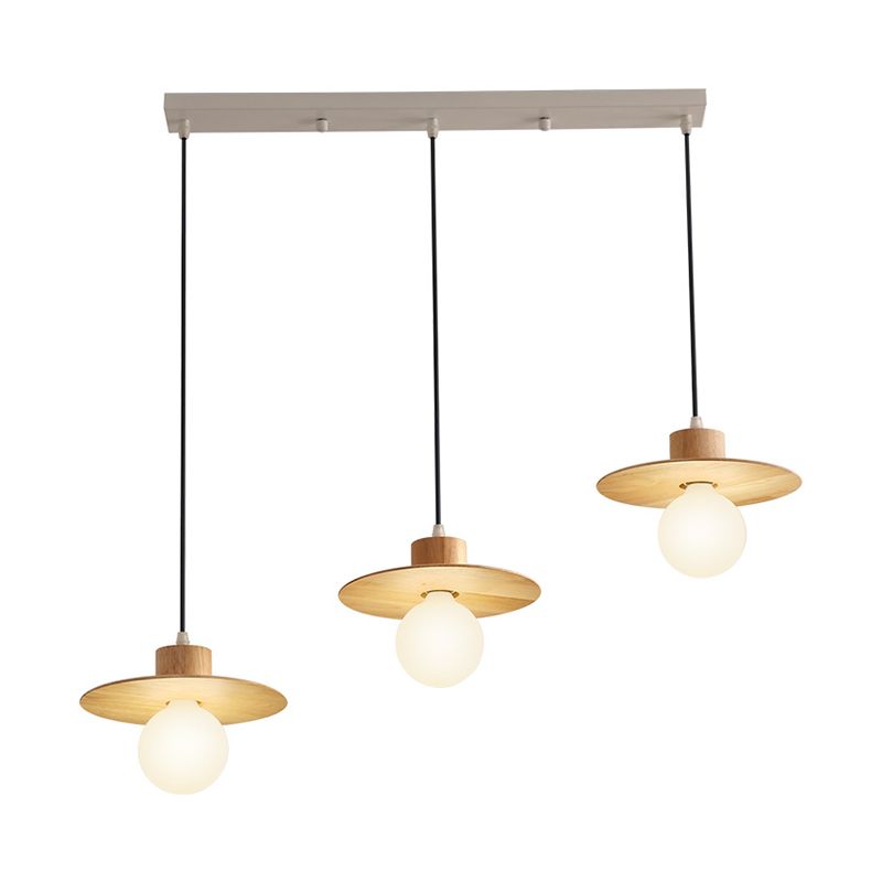 Modernism Disk Hanging Lamp Kit Wood 3-Head Dining Room Multiple Ceiling Light in Beige