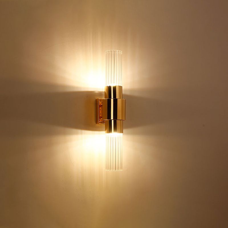 Gouden buisvormige wandlamp SCONCE POST MODERNE 2 KOPEN DUIDELIJKE RIBBED Glazen wand gemonteerd lamp voor badkamer