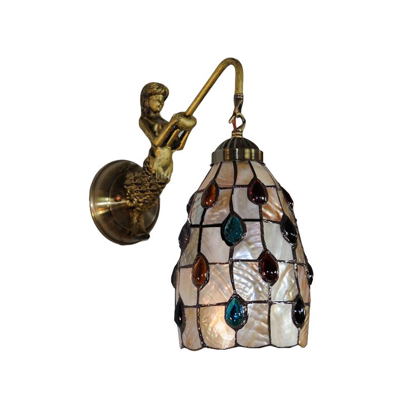 Elongated Wall Mount Light Fixture Tiffany Shell 1 Head Beige Sconce Light with Mermaid Backplate