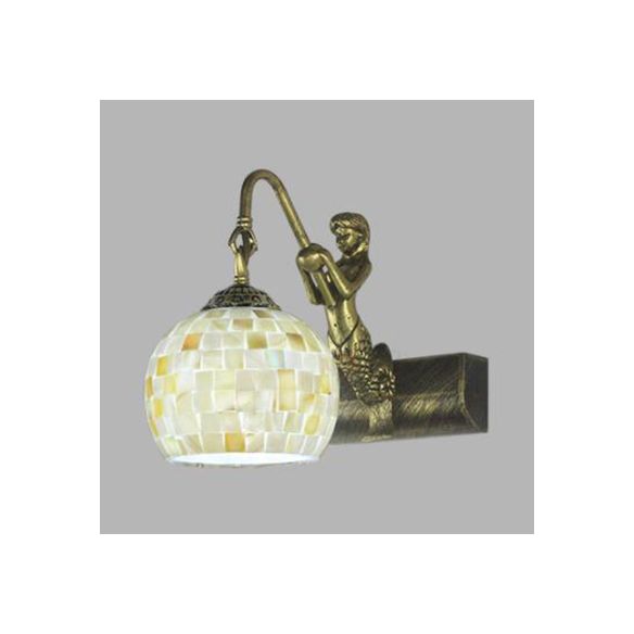 Globe Wall Mount Light Tiffany Beige/Beige-Red Shell 1 Head Bathroom Sconce Light Fixture with Mermaid Decoration