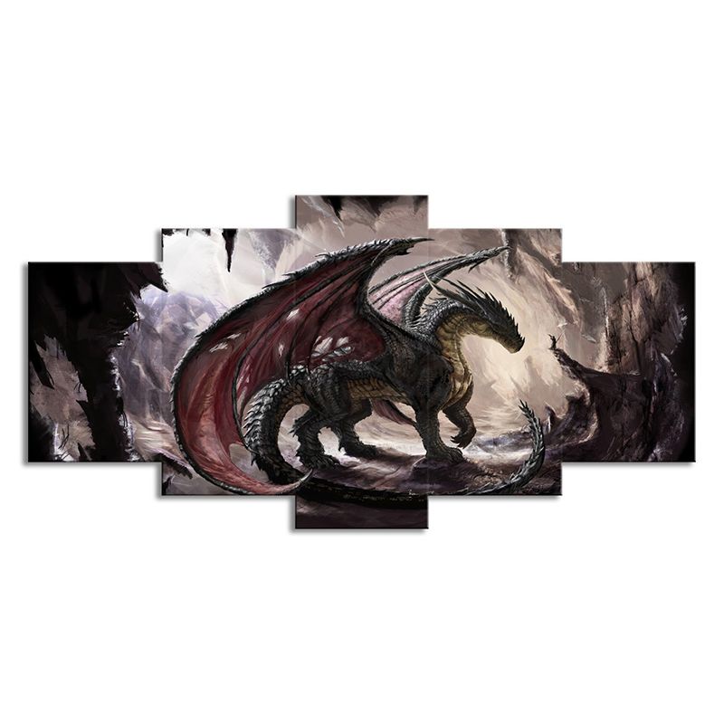 Fantasy Dragon Wall Art for Teenage Room Video Game Scene Canvas Print in Brown-Red