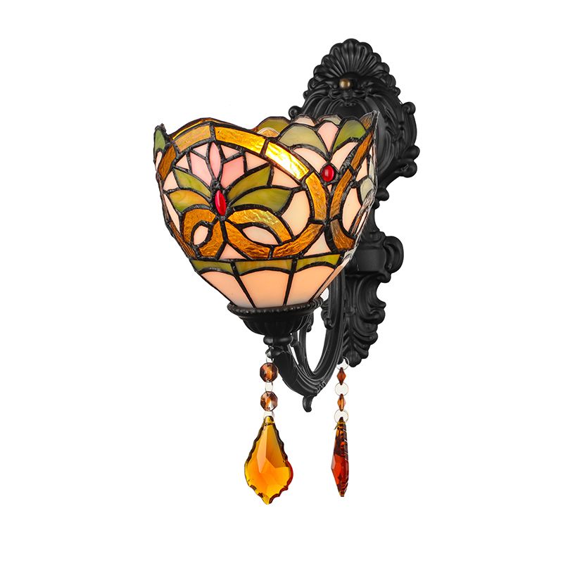 Lodge Bowl Shade Wall Sconce Lighting Fixture Stained Glass 1-Light Crystal Lighting Fixture
