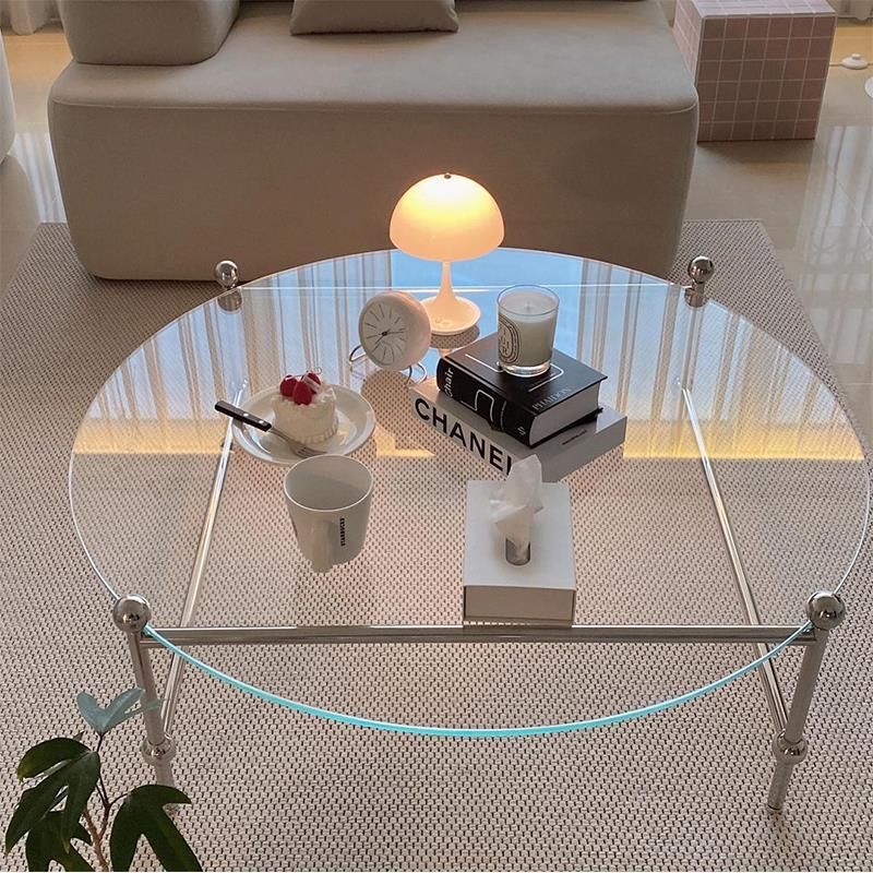 Contemporary Round Coffee Table with Glass Top and Steel Legs in Clear