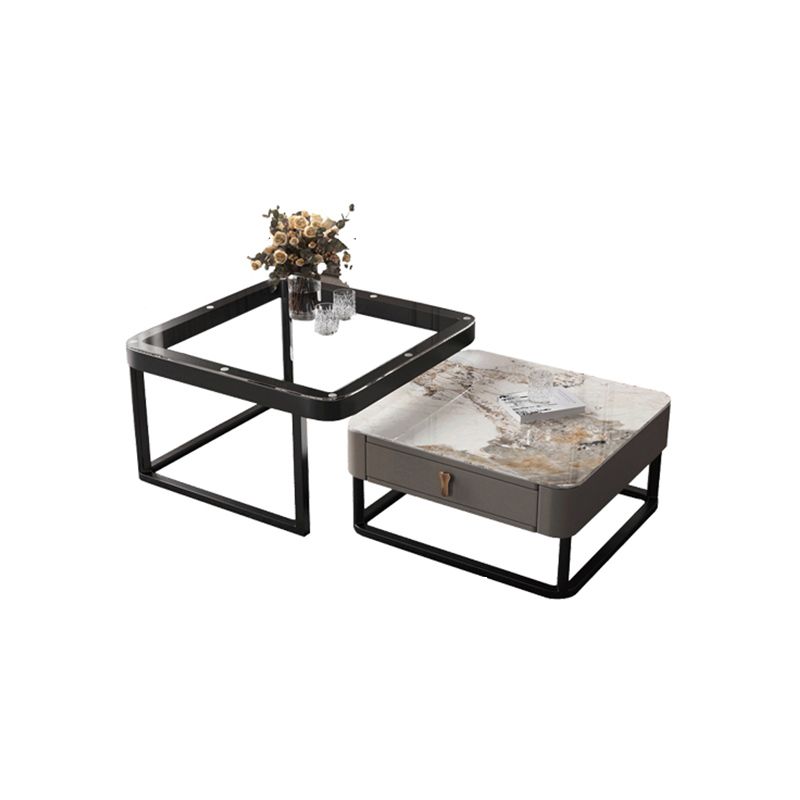 Coffee Table with a Black Frame Base Made of Glass and Rock Sheet and a Square Top