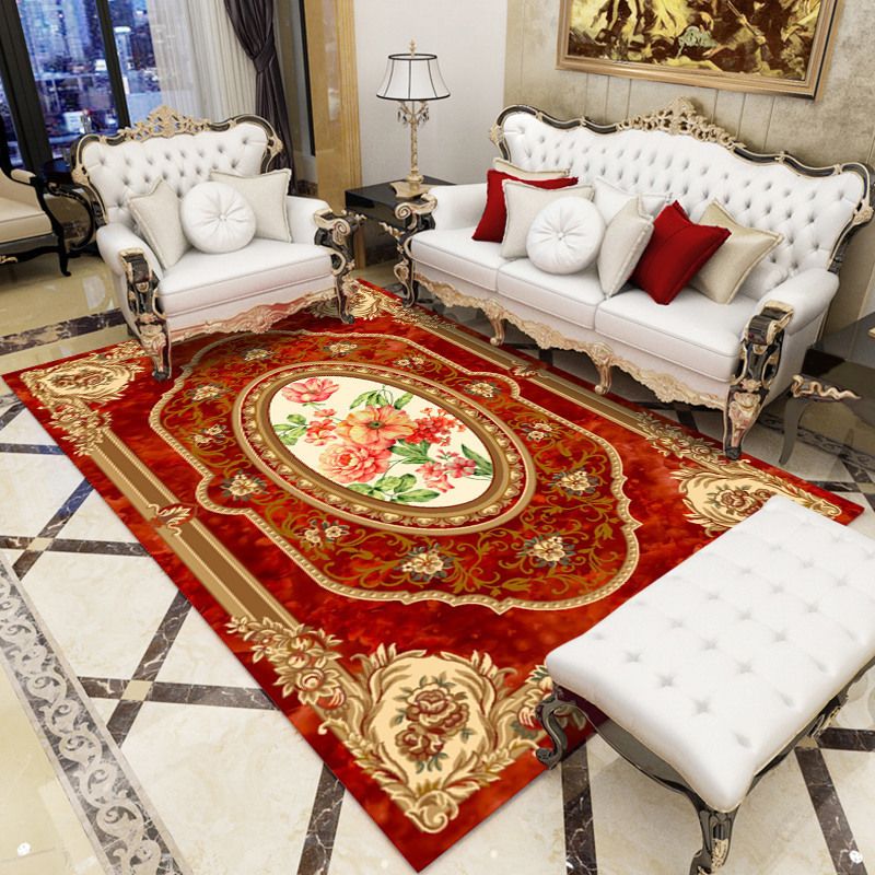 European Living Room Area Carpet Floral Pattern Polyester Area Rug Anti-Slip Easy Care Rug