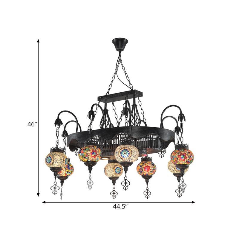 8 Heads Globe Hanging Lighting Bohemia Iron Stained Glass Chandelier Pendant Lamp for Restaurant