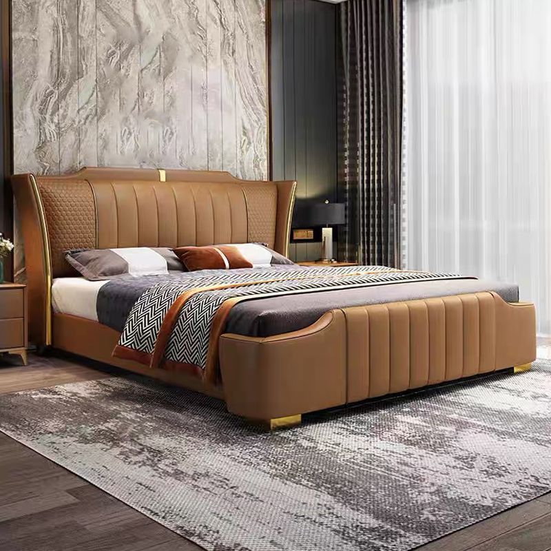 Glam Pine Wood Upholstered Headboard Rectangular Wingback Bed