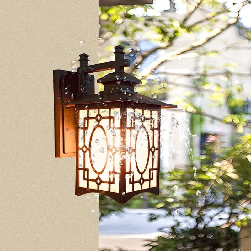 1 hoofd Frosted glazen wandverlichting Rustiek zwart/bronzen lantaarnvormige Courtyard SCONCE LICHT