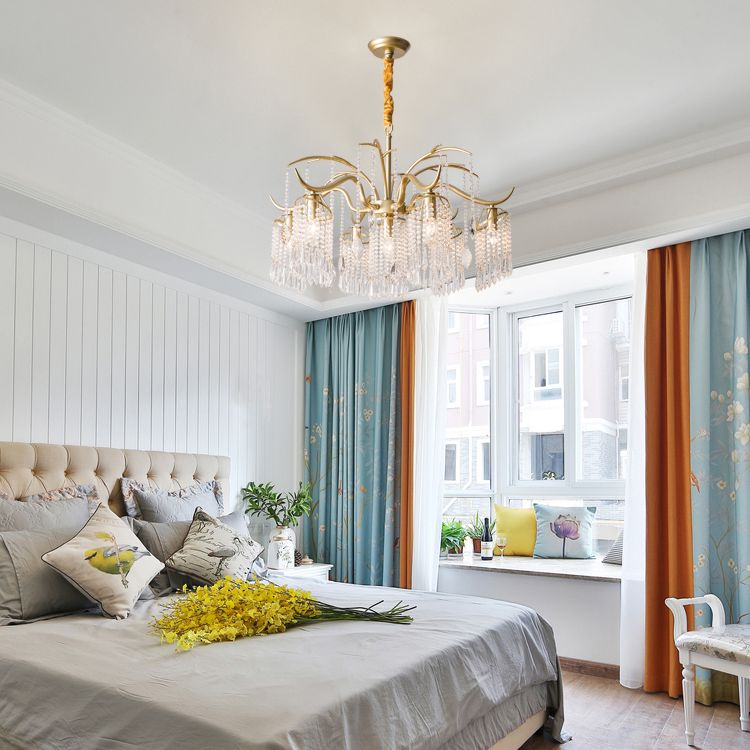 French Style Gold Chandelier Light with Clear Crystal Drops Metal Multi Light Pendant Light for Living Room