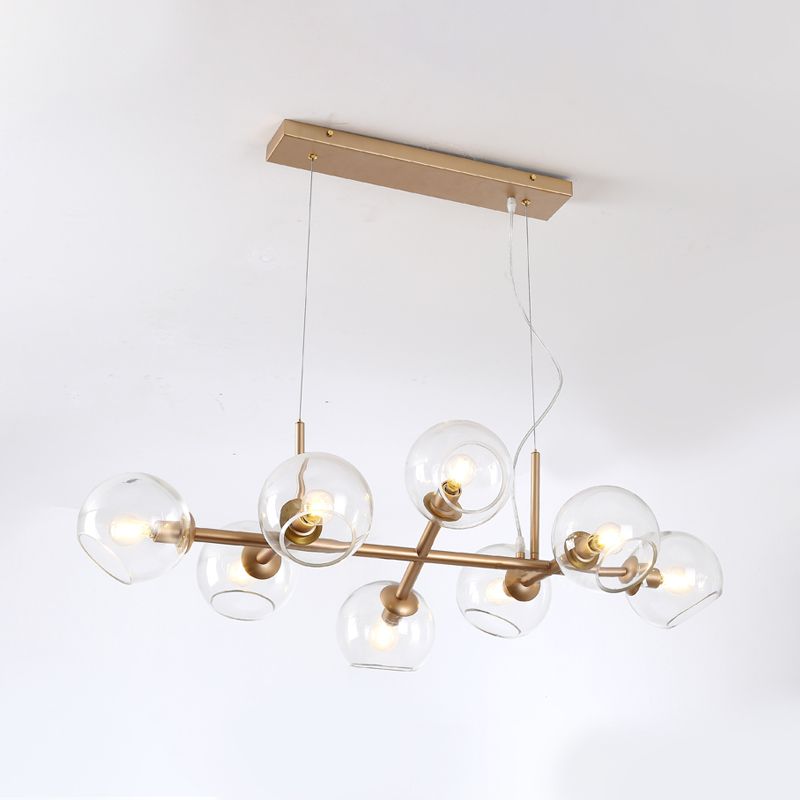 8 ampoules Room Room Island Lamp Kit moderne en or suspendu en or avec une teinte en verre transparent orbe