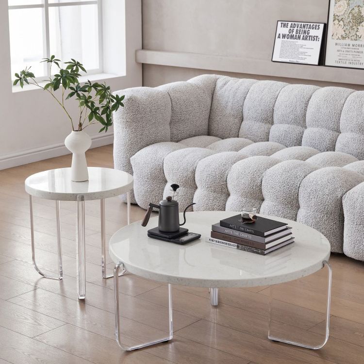 Contemporary Round Terrazzo Coffee Table in White Acrylic Legs 1 Single Cocktail Table