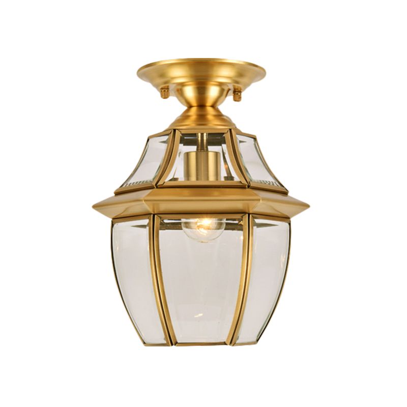 Lantern Bedroom Flush Mount Light Colonial Clear Abgeschrägt Glas 1 Glühbirne Messing Close to Ceiling Lamp