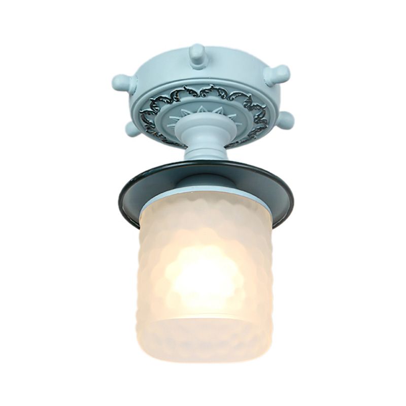 Frosted Glass Cylinder Semi Flush Light Modernist 1 Light Ceiling Light Fixture with Rudder Canopy in Green/White