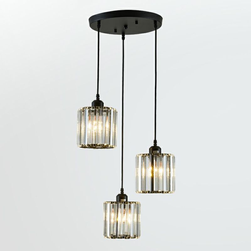 Shaded Multi-Light Pendant Modern Crystal Block 3-Head Dining Room Ceiling Light in Black