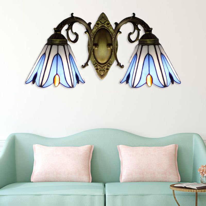 Floral Lighting Sconce Tiffany Style Stained Glass 2-Light Wall Light Fixtures in Blue for Corridor