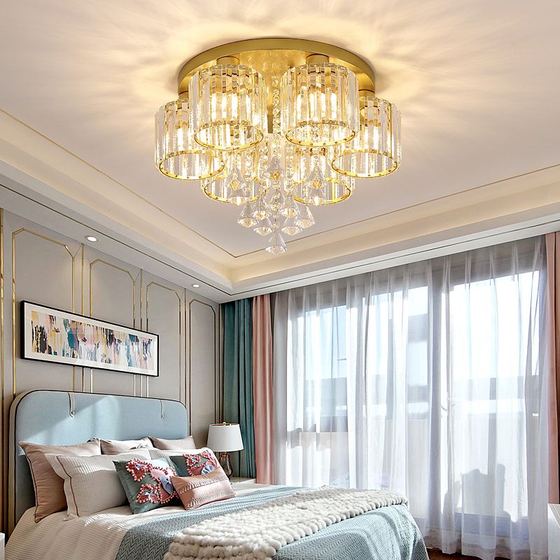 Living Room Flush Mount Lighting Modern Ceiling Light with Cylinder Crystal Shade