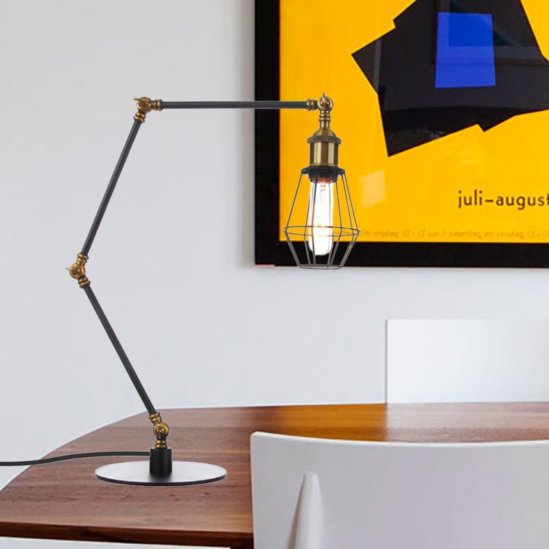 Wire Frame Table Lighting Industrial Style Metal 1 Light Black/Brass Finish Table Lamp with Adjustable Arm
