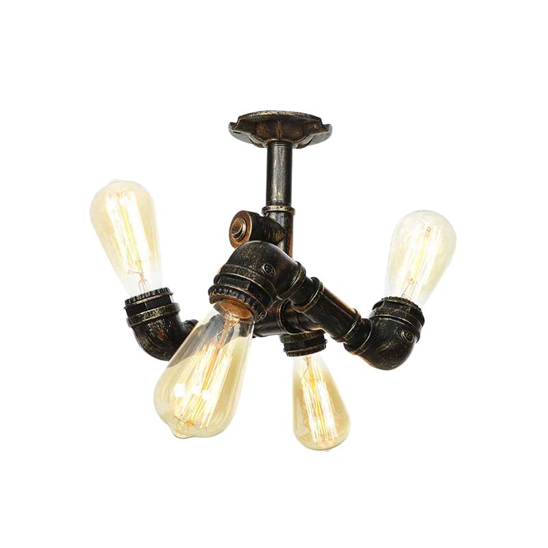 Industrial Bare Bulb Semi Flush Mount 3/4-Light Iron Flush Ceiling Lighting in Bronze