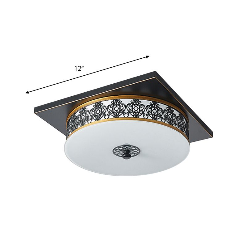 Drum Design Opaline Glass Flushmount Traditional LED Bedroom Ceiling Light Fixture in Black, 12"/16"/19.5" W