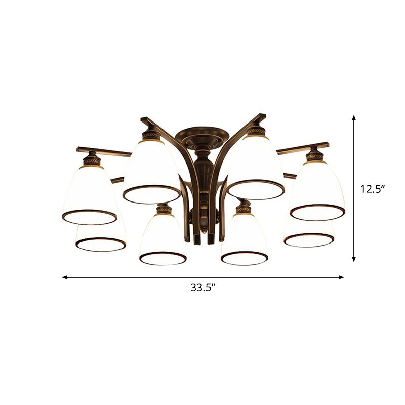 Minimalist Bell Shape Ceiling Light Cream Glass Semi Flush Light in Black for Dining Room