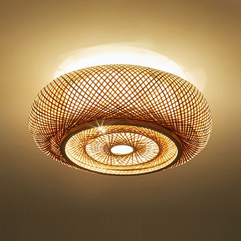 Drum Bamboo Flush Mount Lamp Asian Style Ceiling Lamp for Sitting Room