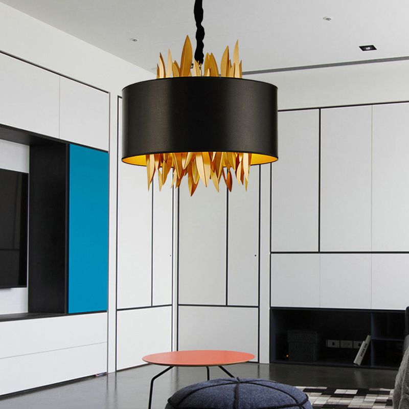 4 Lights Fabric Chandelier Lamp Country Black Round Dining Room Hanging Ceiling Light with Metal Leaves