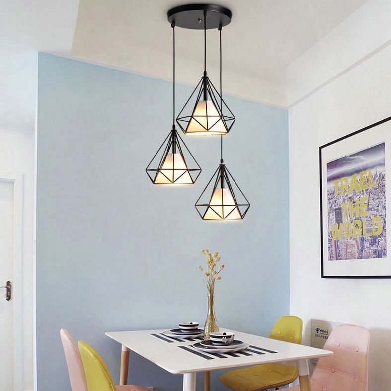 3 Lights Diamond Pendant Industrial Metal Ceiling Pendant with Hanging Cord for Restaurant