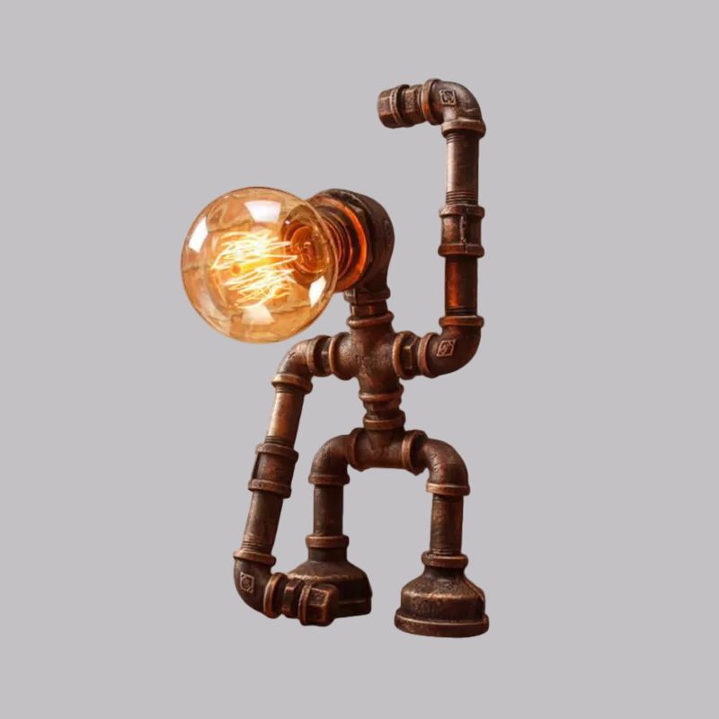 Standing/Sitting Robot Metallic Table Light with Pipe Industrial Stylish 1 Bulb Coffee Shop Table Lamp in Bronze