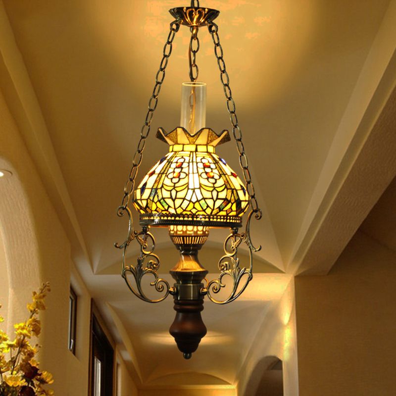 Green Blossom Hanging Ceiling Light Mediterranean 1 Light Stained Art Glass Suspension Pendant