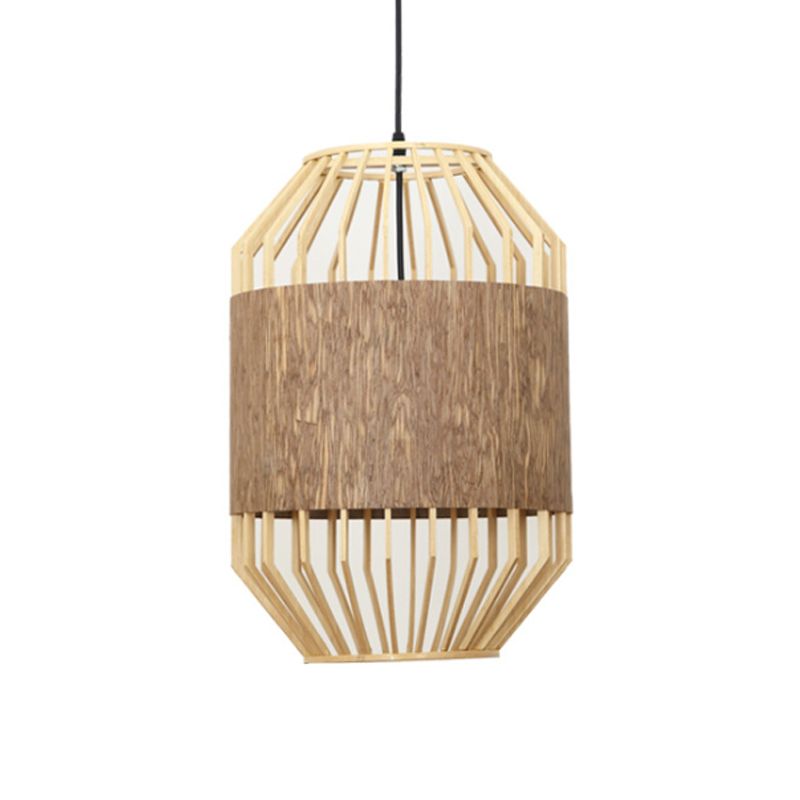 Countryside Cylindrical Ceiling Lighting Bamboo and Wood 1 Bulb Beige Pendant Lamp for Dining Table