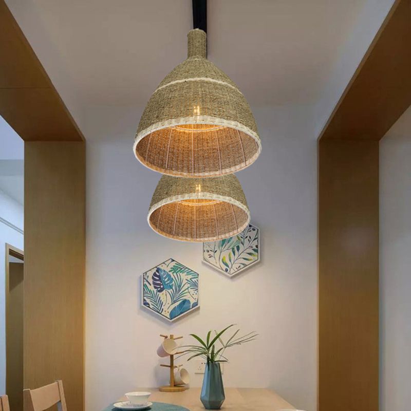 Almacén 1 Kit de lámpara colgante de luz Beige cónico Down Lighting Colgante con sombra de ratán