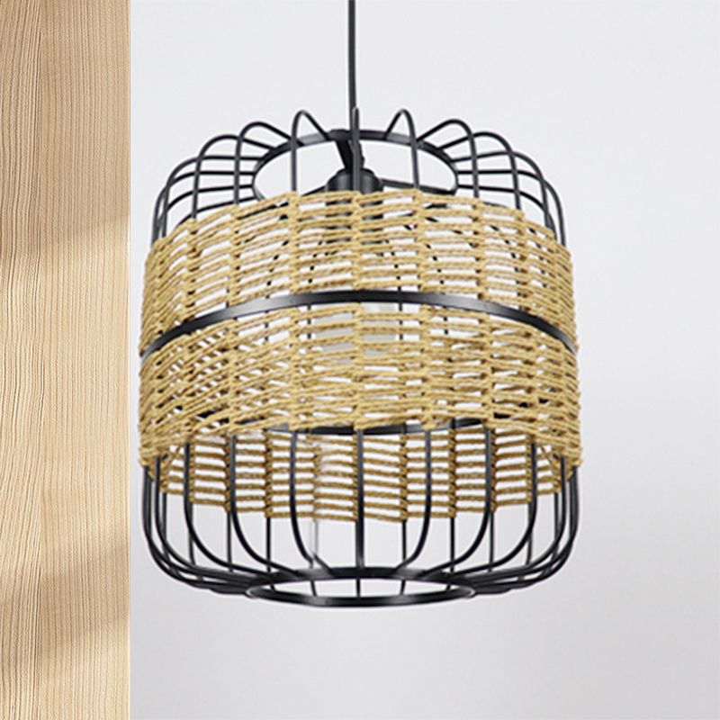 Cylinder Metal Cage Lampe suspendue Corde de paille moderne 1 Light Beige Drop Plafond Light For Bedroom Restaurant
