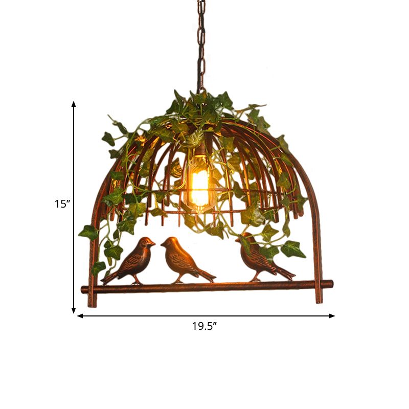 Vintage Birdcage Hanging Pendant 1 Light Metallic Suspension Lamp in Rust with PVC Plant Deco