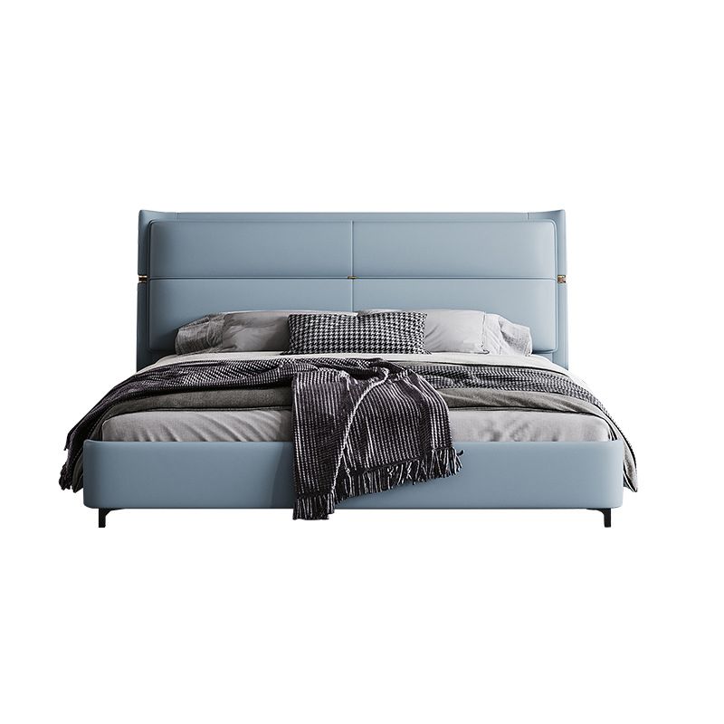 Leather Upholstered Rectangular Panel Bed Standard Bed Frame in Blue