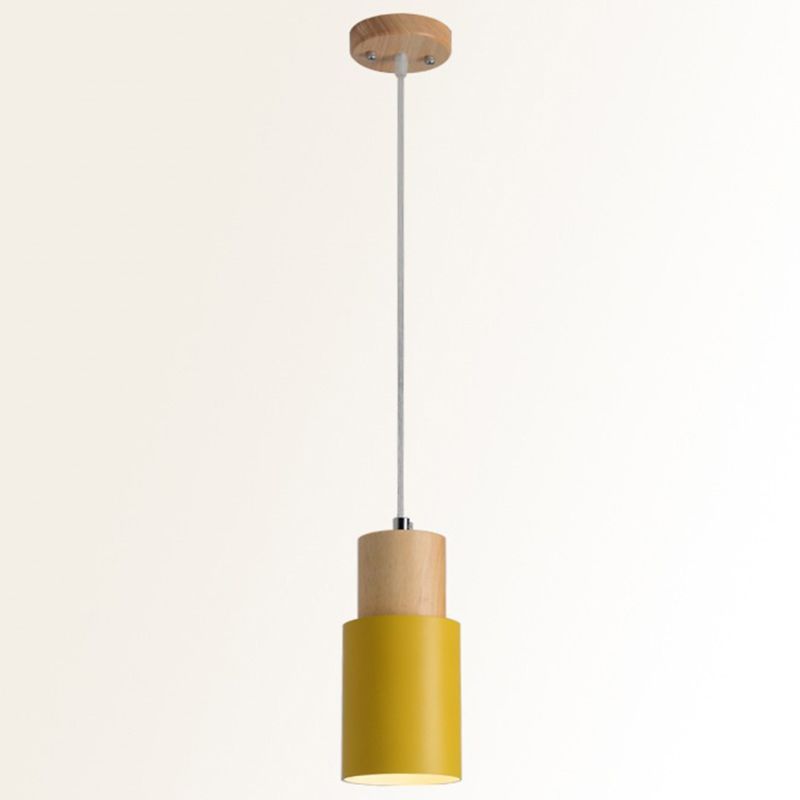 Tubular Bedside Pendant Spotlight Metal 1-Light Minimalist Hanging Lamp with Wooden Top