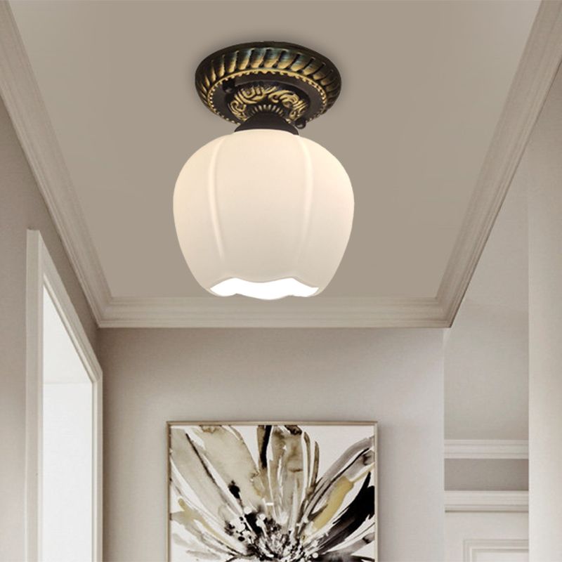 Country Blossom Ceiling Flush Single Bulb Milky Glass Flush Mount Lighting in Brown