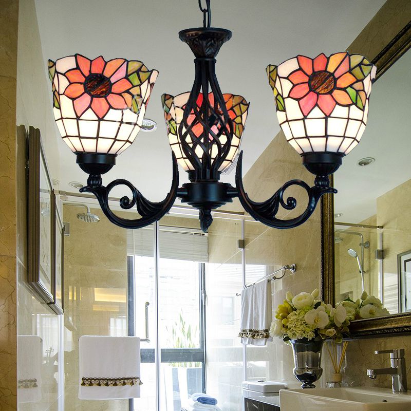 Sunflower Ceiling Chandelier Lodge Rustic 3 Lights Stained Glass Pendant Lighting in Black Finish